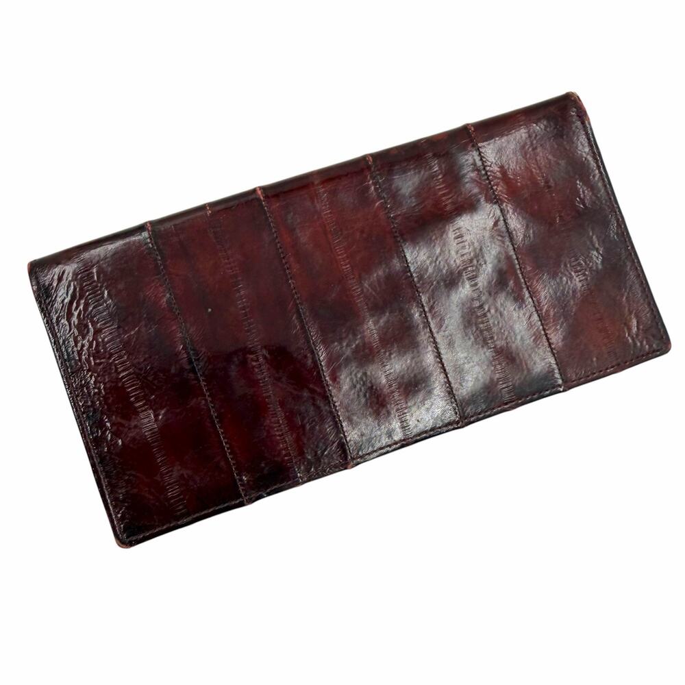 VTG 80s Genuine Eel Skin Leather Checkbook Wallet Clutch Burgundy Oxblood Luxe